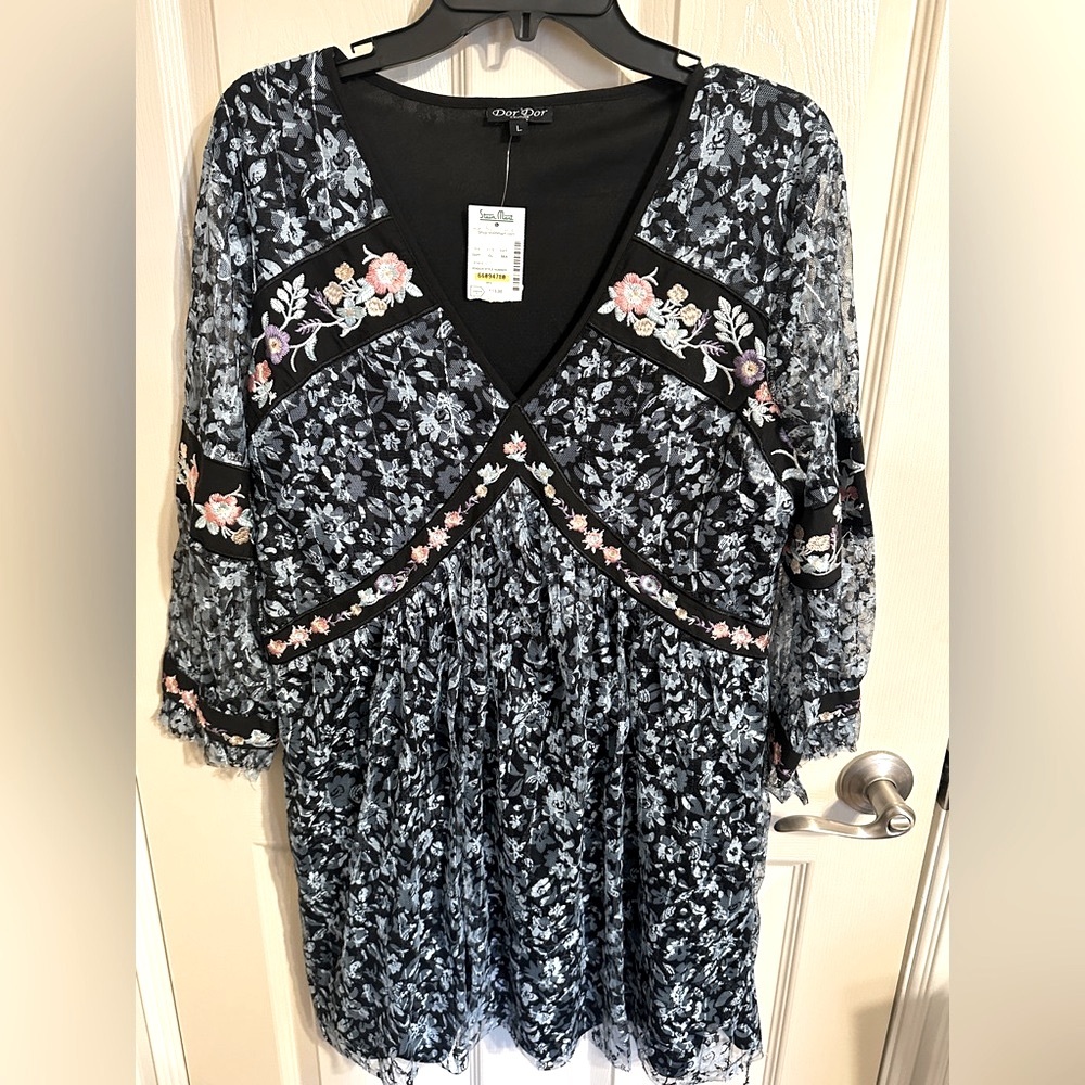 Dor Dor Couture Lace Tunic Dress, Black w Embroidered Flower Details, Sz L, NWT